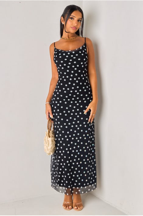 Robe longue en tulle noire à motif pois blancs