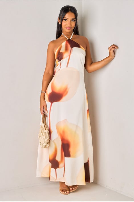 Robe beige satinée à imprimé fleurs