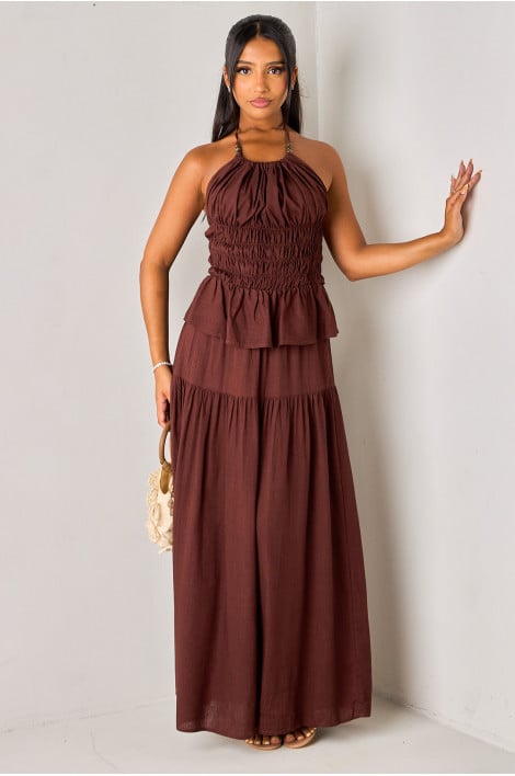 Ensemble 2 pièces marron top à bretelles ornées de perles + jupe