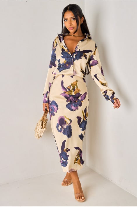 Ensemble 2 pièces beige satiné imprimé fleurs chemise + jupe